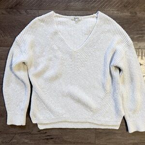 100% Cotton Madewell Ridgeton White V-Neck Knit Sweater | Chunky Ribbed Pullover